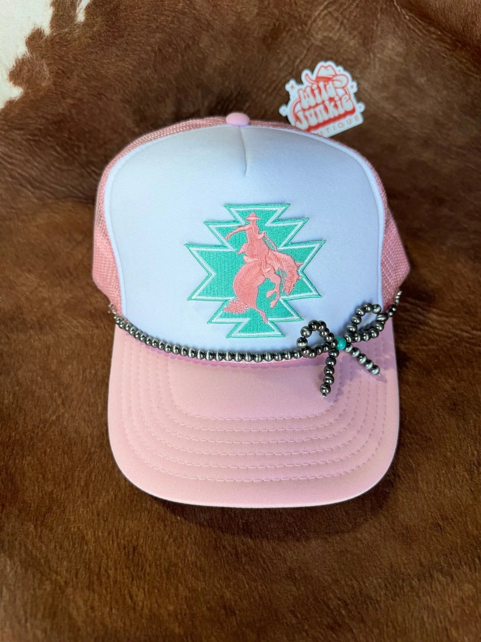 Turquoise and Pearl Bow Trucker Hat Chain Wild Junkie