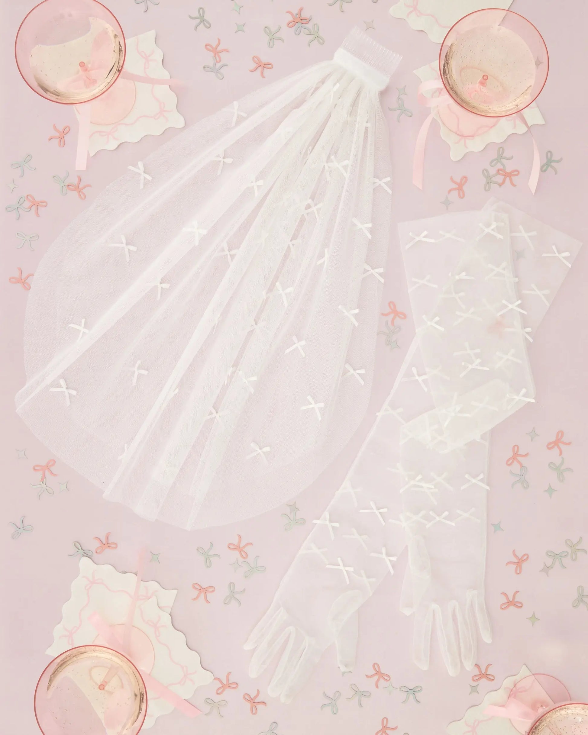 Tying the Knot Duo - mini bows veil + gloves xo, Fetti