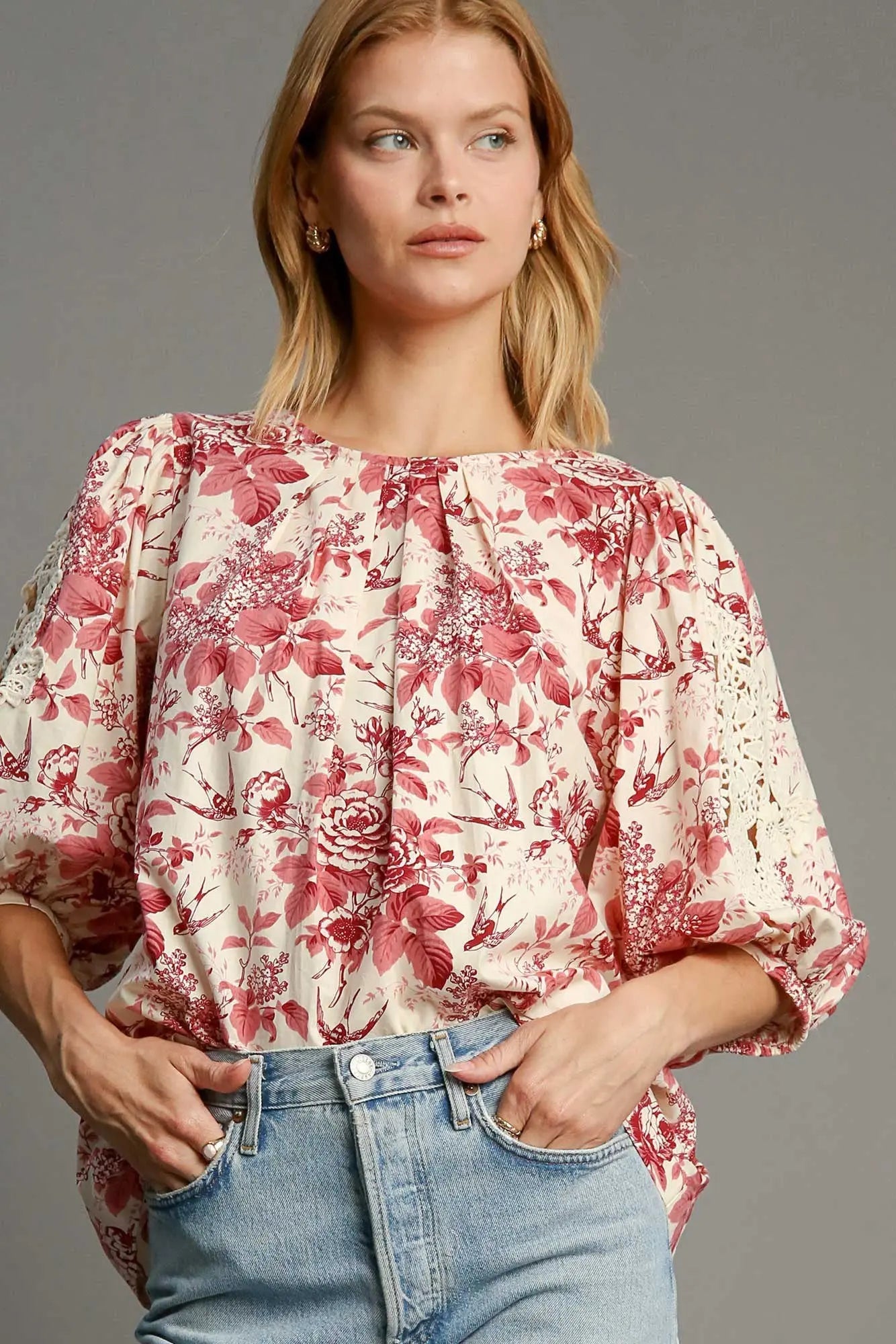 Umgee Floral Pleated Detail Lace Trim Sleeve Blouse Trendsi