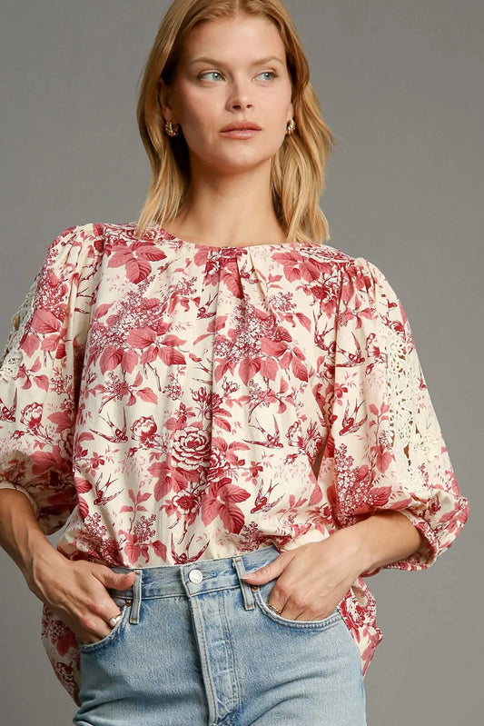 Umgee Floral Pleated Detail Lace Trim Sleeve Blouse Trendsi