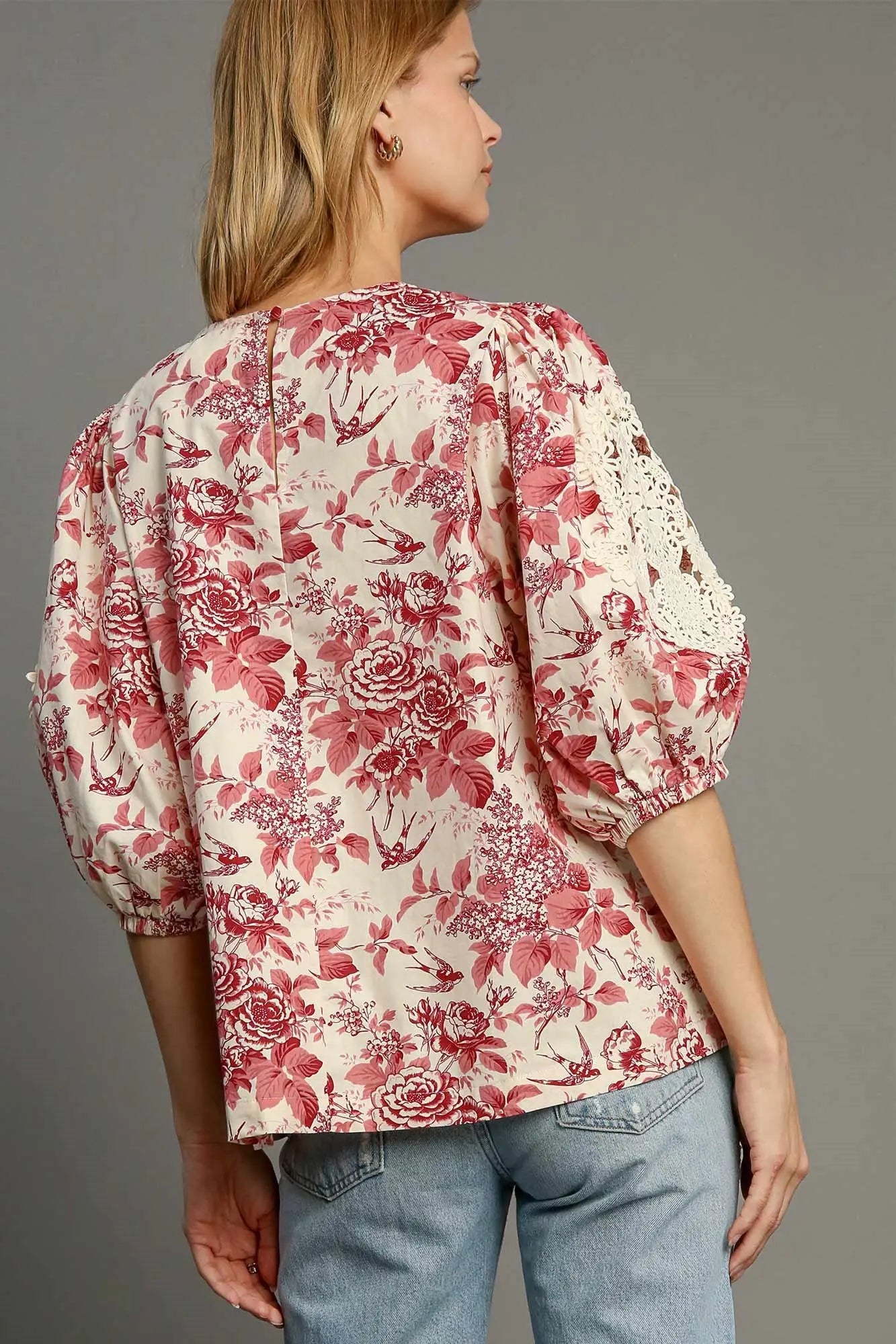 Umgee Floral Pleated Detail Lace Trim Sleeve Blouse Trendsi