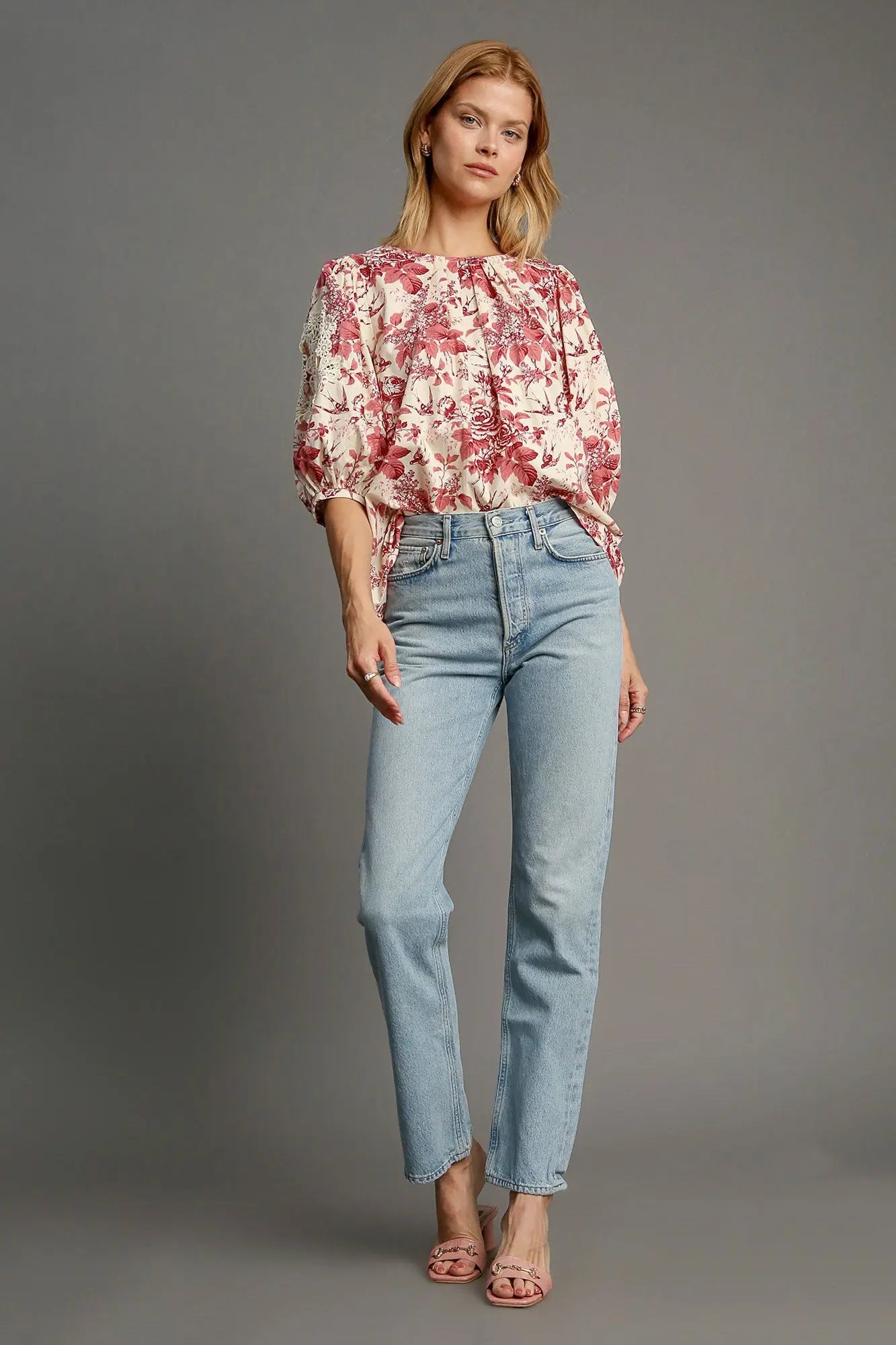 Umgee Floral Pleated Detail Lace Trim Sleeve Blouse Trendsi