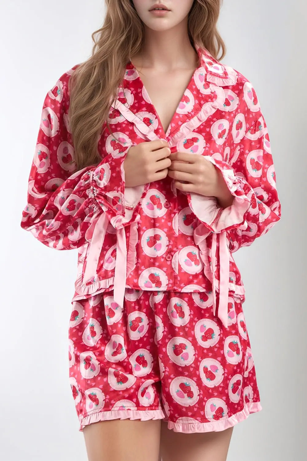 Valentine’s Day Frill Strawberry Print Flounce Sleeve Top and Shorts Lounge Set Trendsi