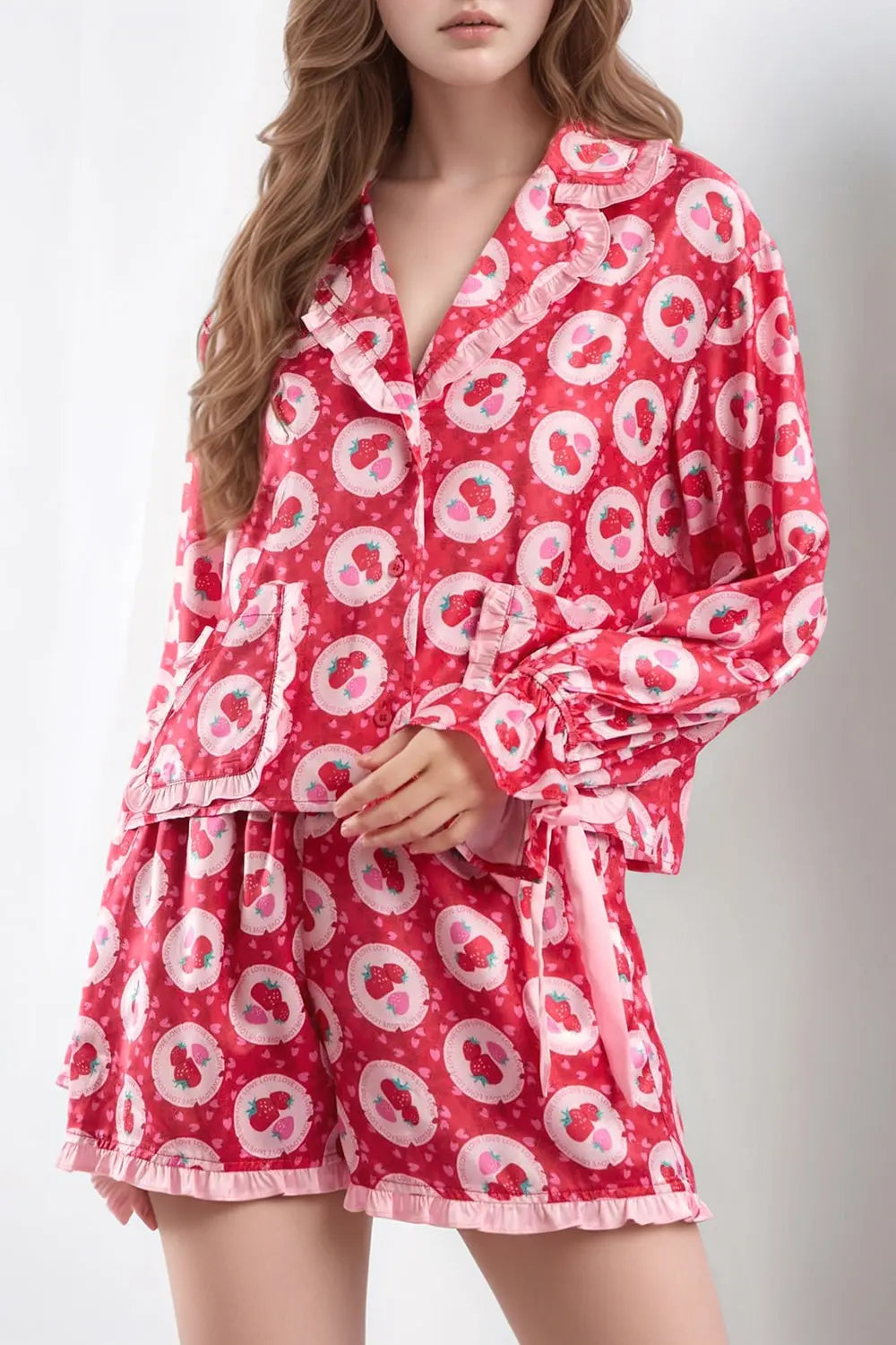 Valentine’s Day Frill Strawberry Print Flounce Sleeve Top and Shorts Lounge Set Trendsi