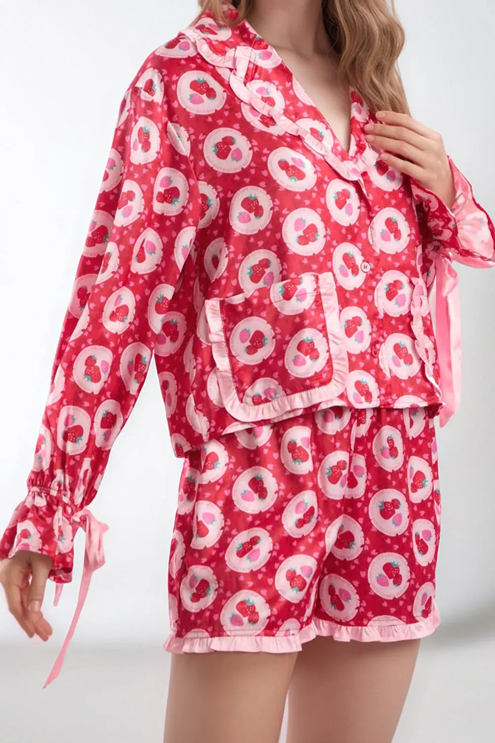 Valentine’s Day Frill Strawberry Print Flounce Sleeve Top and Shorts Lounge Set Trendsi