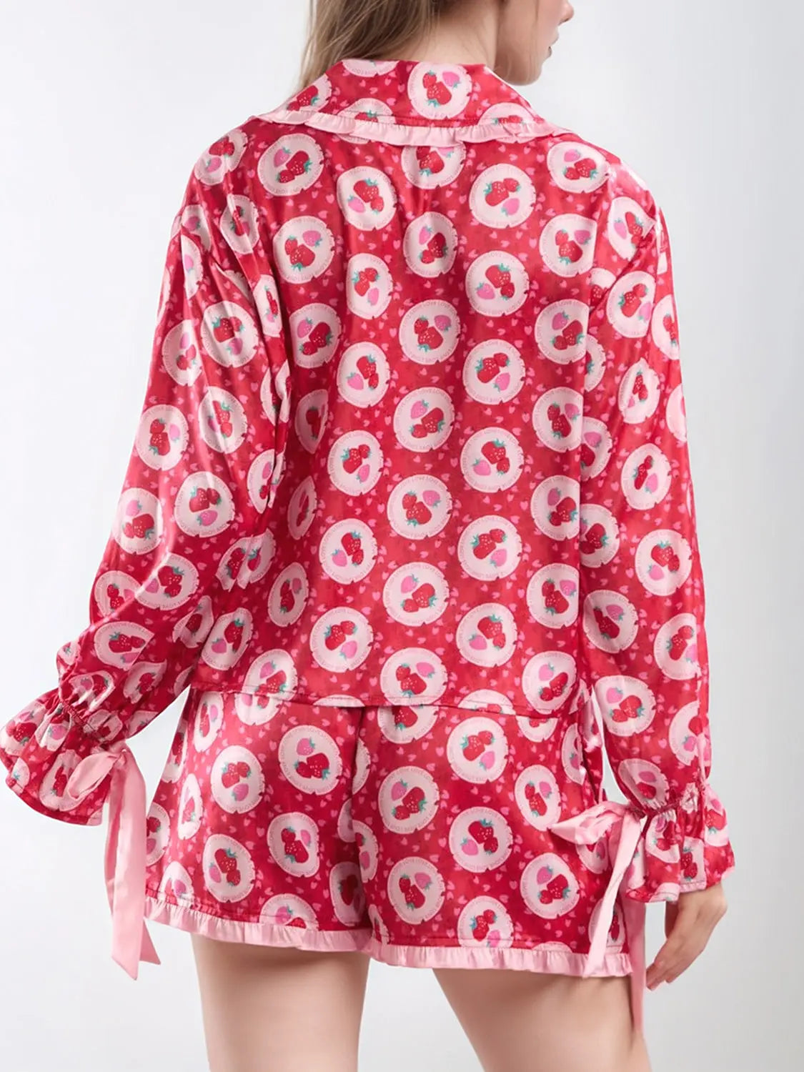 Valentine’s Day Frill Strawberry Print Flounce Sleeve Top and Shorts Lounge Set Trendsi