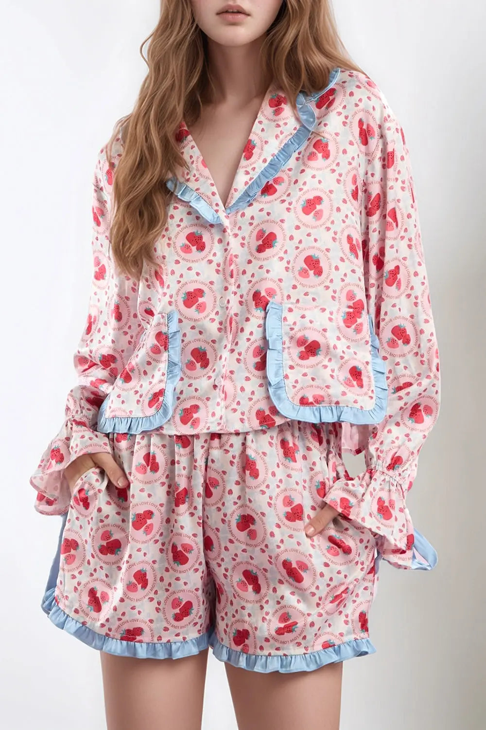 Valentine’s Day Frill Strawberry Print Flounce Sleeve Top and Shorts Lounge Set Trendsi