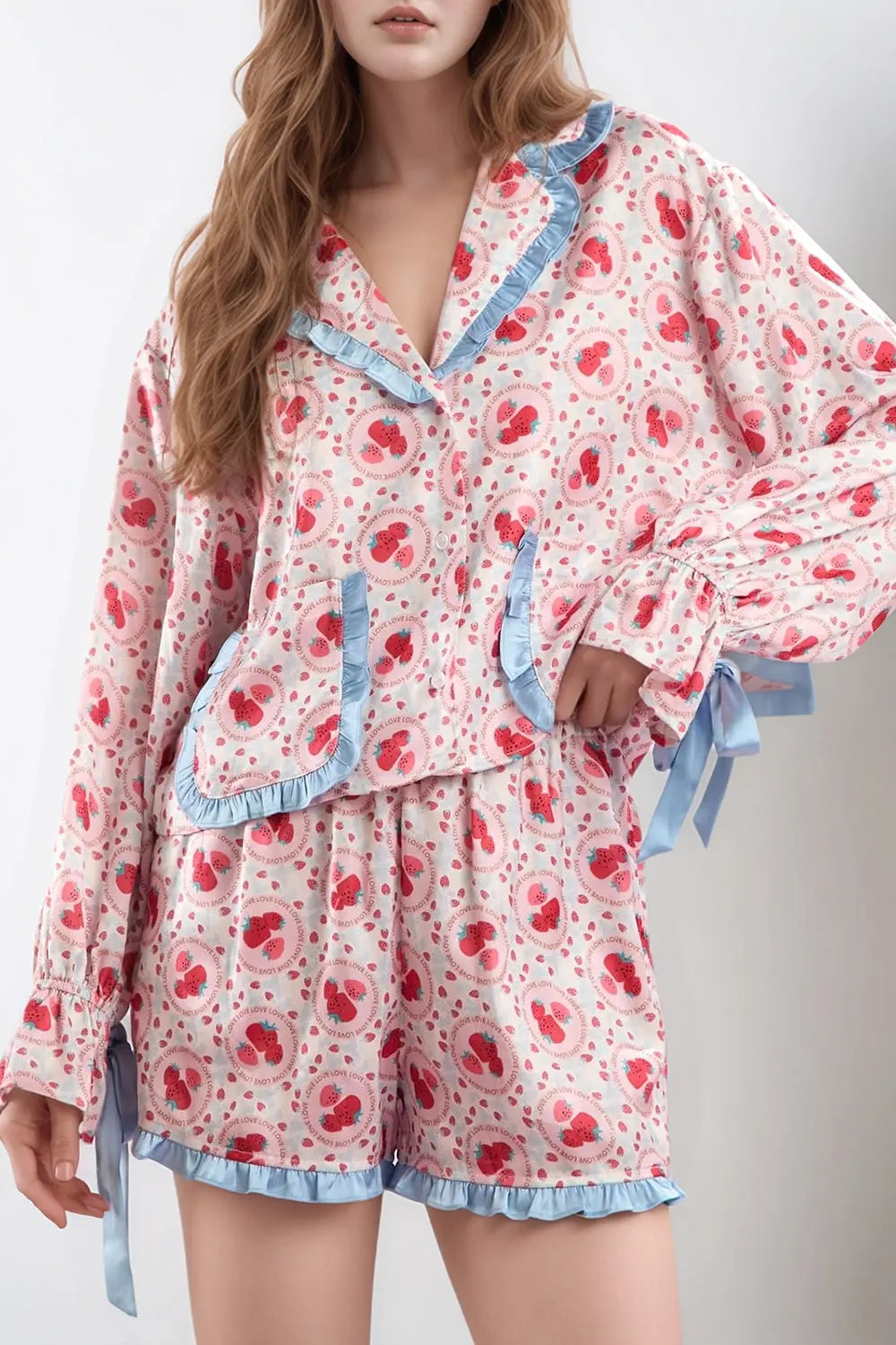 Valentine’s Day Frill Strawberry Print Flounce Sleeve Top and Shorts Lounge Set Trendsi