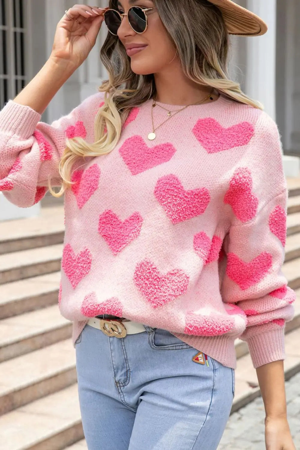 Valentine's Day Heart Jacquard Round Neck Sweater Trendsi