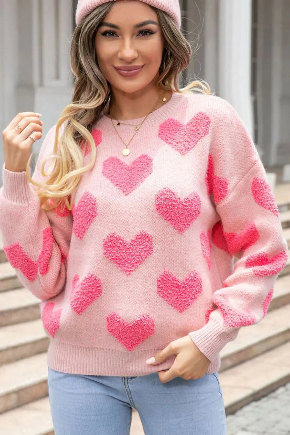 Valentine's Day Heart Jacquard Round Neck Sweater Trendsi