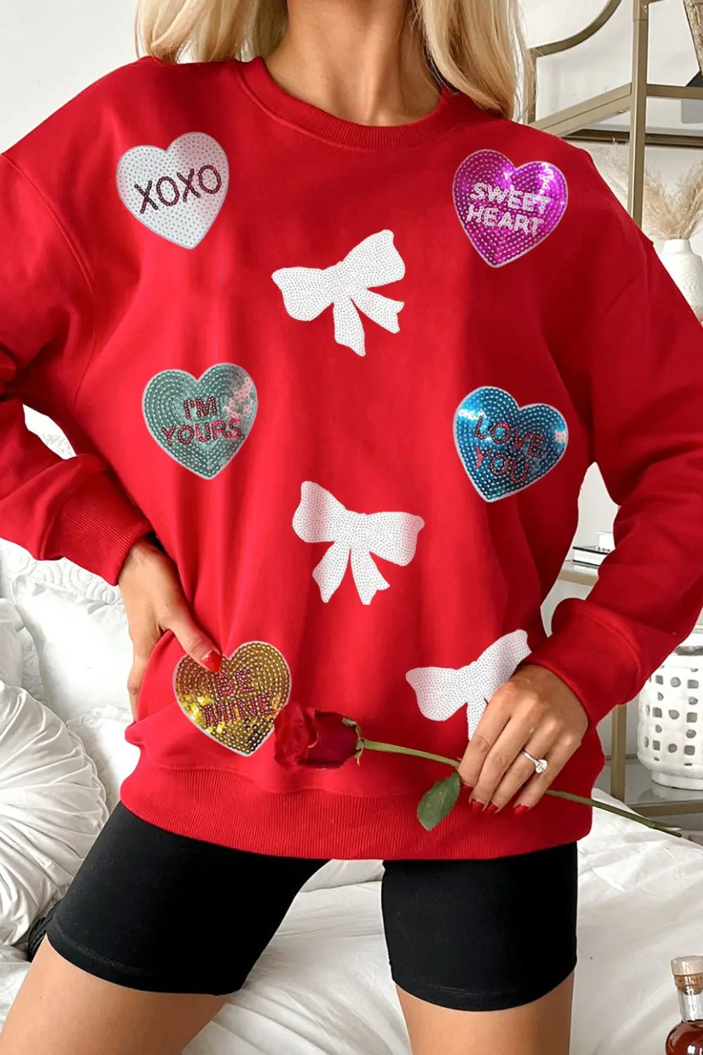 Valentine’s Day Sequin Bow Heart Round Neck Sweatshirt Trendsi