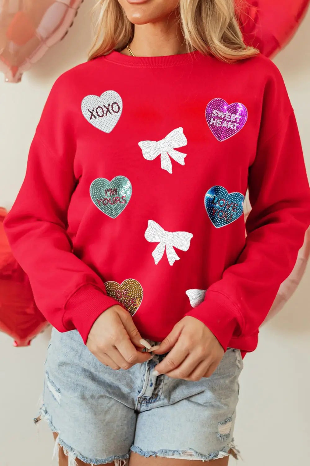 Valentine’s Day Sequin Bow Heart Round Neck Sweatshirt Trendsi