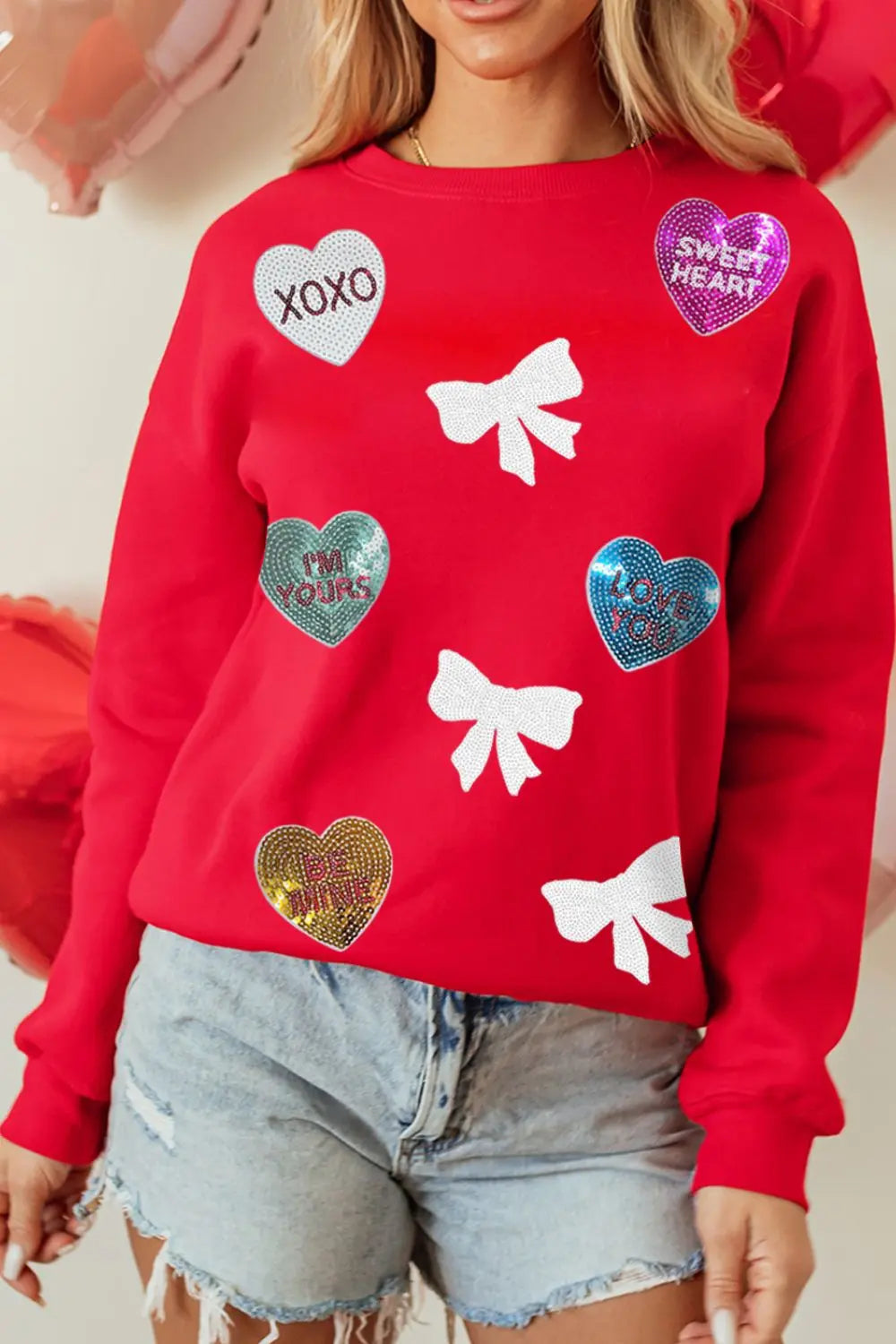 Valentine’s Day Sequin Bow Heart Round Neck Sweatshirt Trendsi