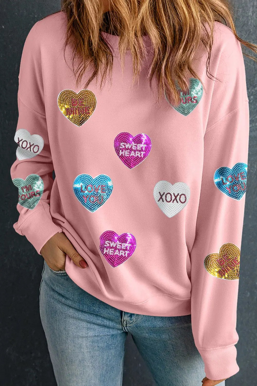 Valentine’s Day Sequin Heart Round Neck Long Sleeve Sweatshirt Trendsi