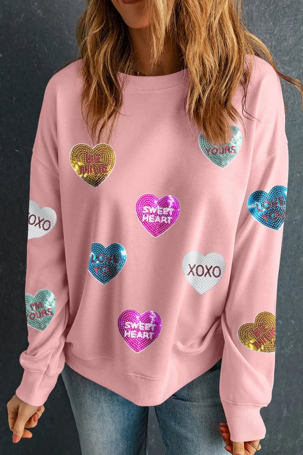 Valentine’s Day Sequin Heart Round Neck Long Sleeve Sweatshirt Trendsi