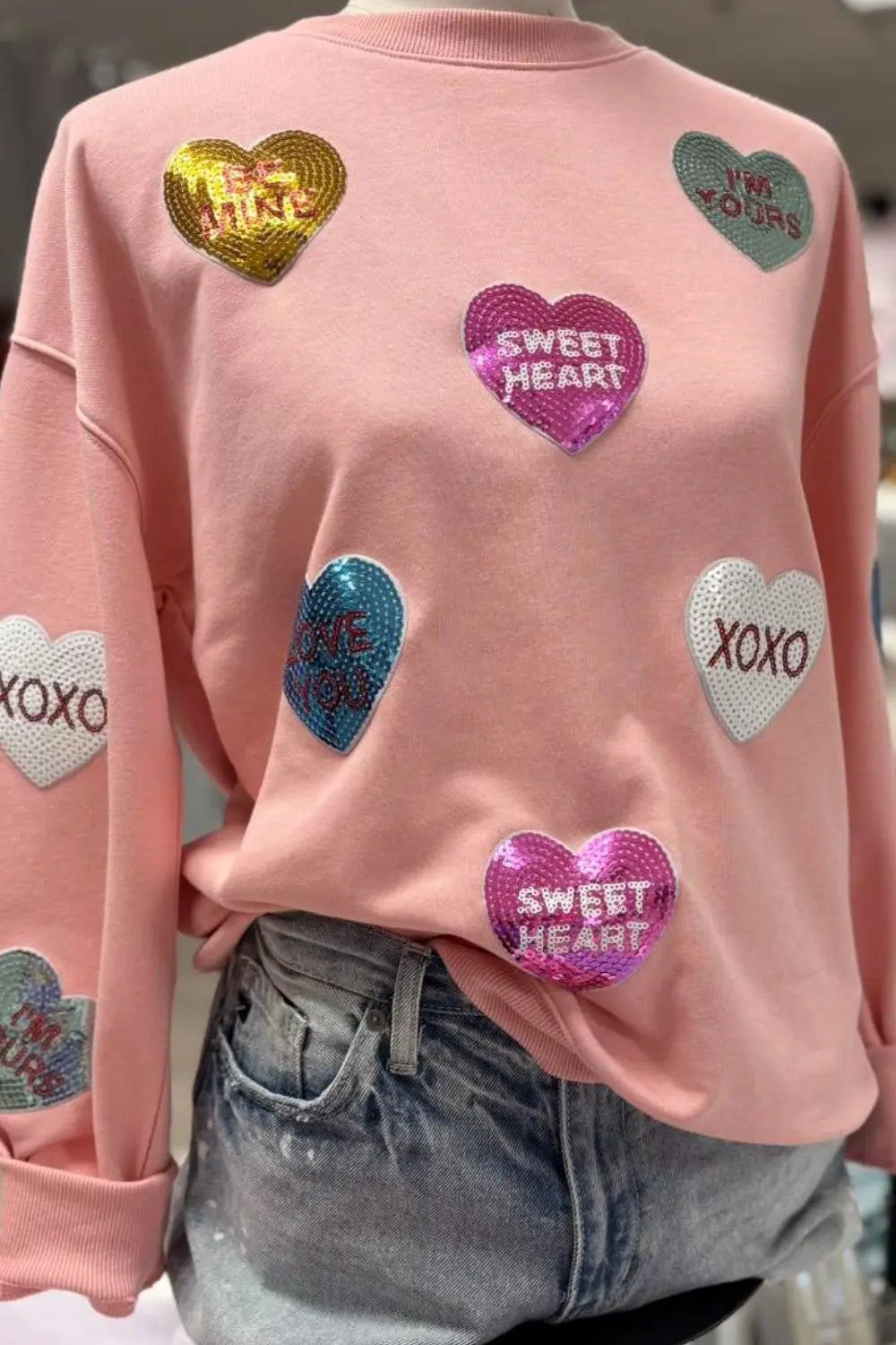 Valentine’s Day Sequin Heart Round Neck Long Sleeve Sweatshirt Trendsi