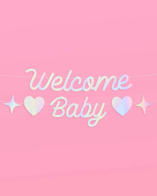 Welcome Baby Banner - iridescent foil banner xo, Fetti