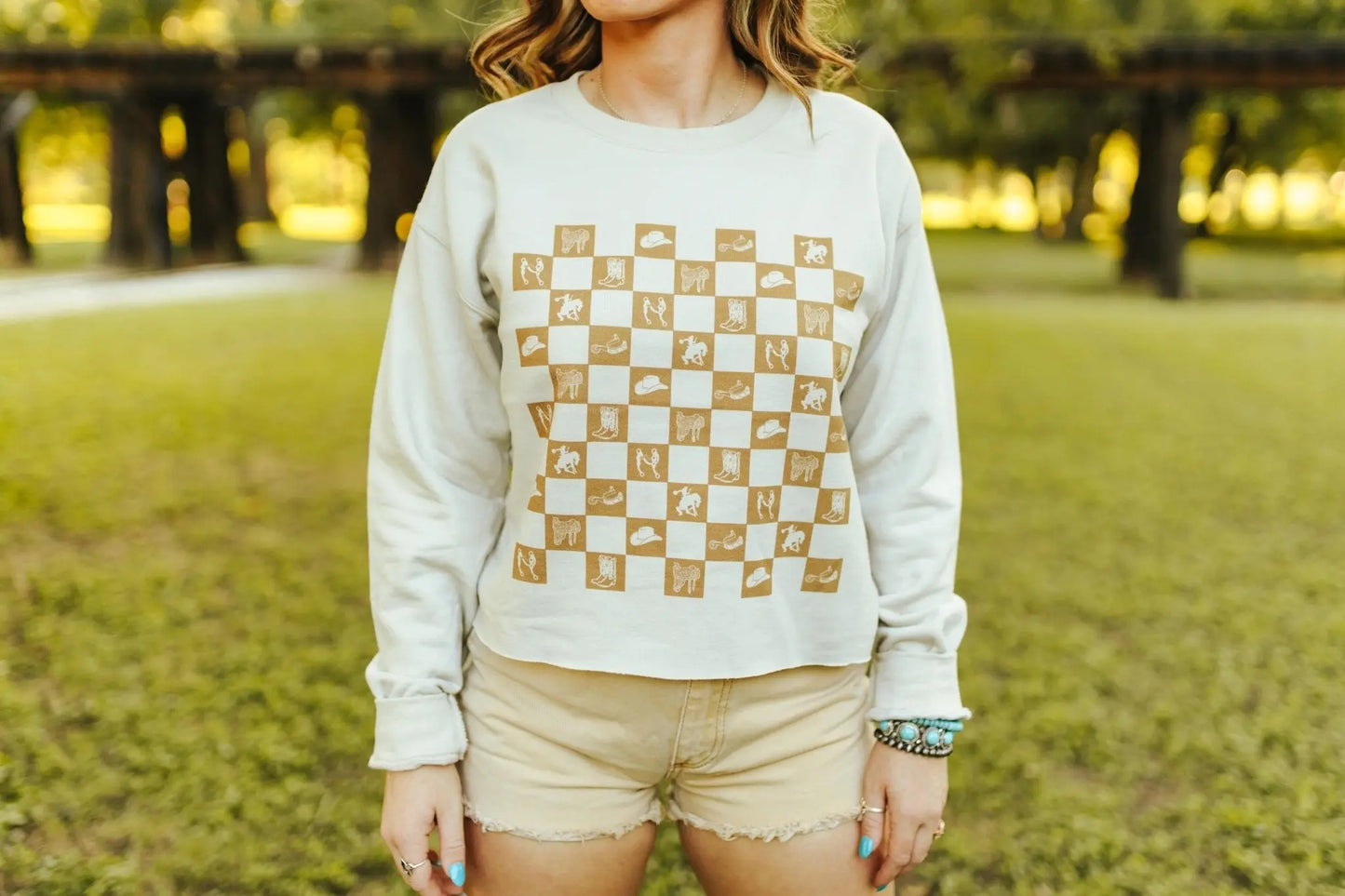 Western Checkers Raw Crop Graphic Sweatshirt Wild Junkie