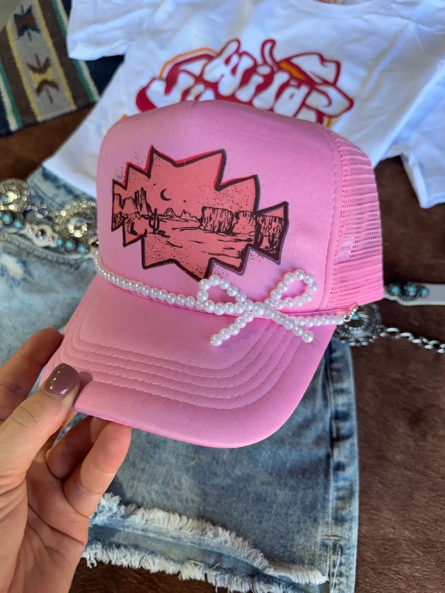 White Pearl Bow Trucker Hat Chain Wild Junkie
