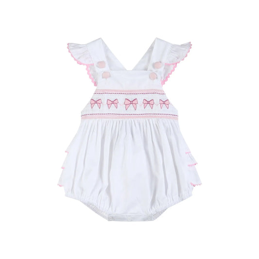 White and Pink Bows Smocked Ruffle Romper Lil Cactus