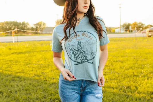 Wild & West Raw Cut Hem and V-neck Graphic Tee Wild Junkie