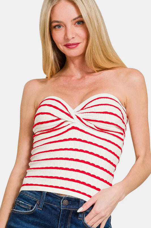 Zenana Twisted Sweetheart Neck Striped Tube Top Trendsi