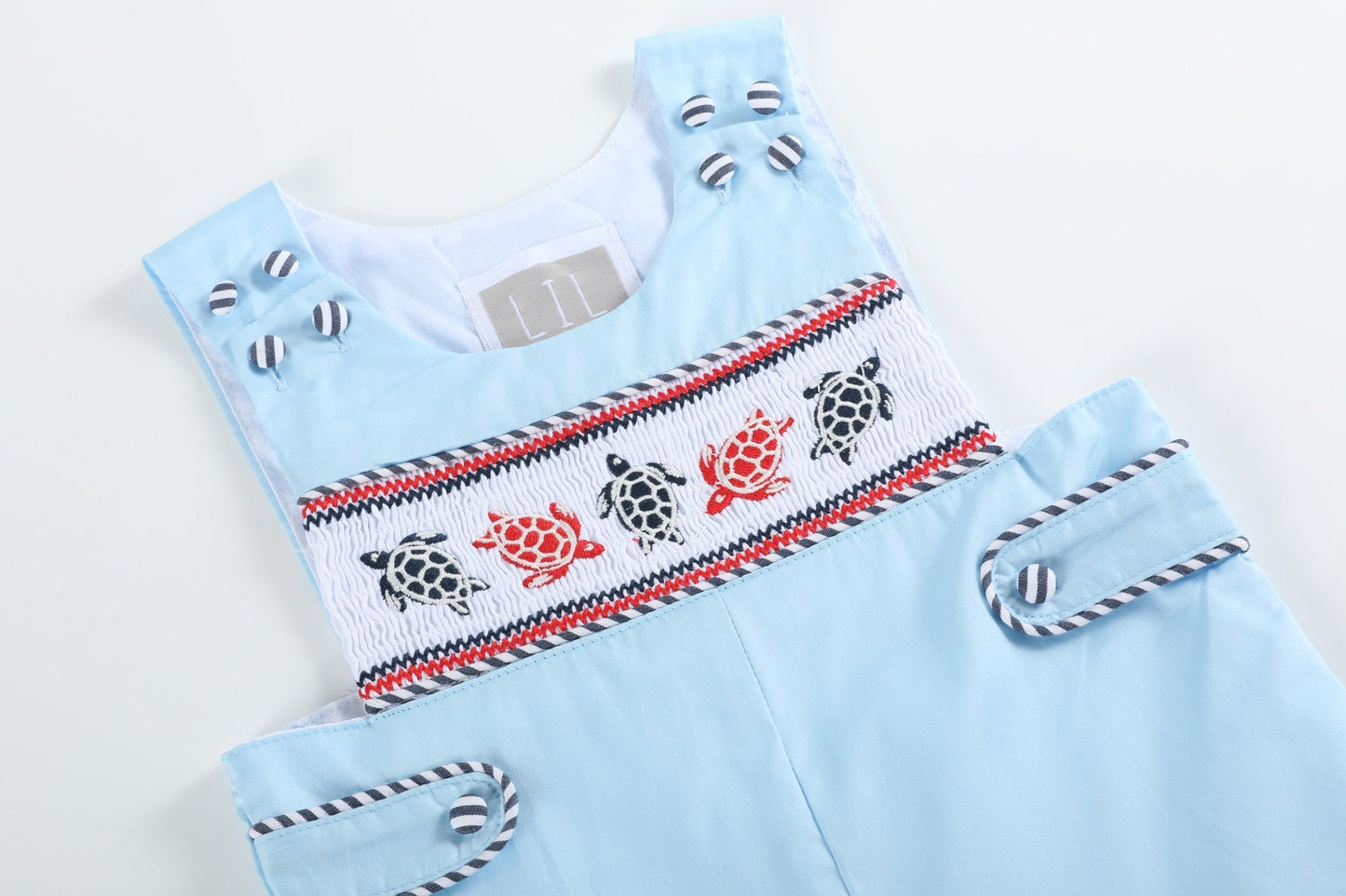 Blue & Red Turtle Applique Smocked Shortalls