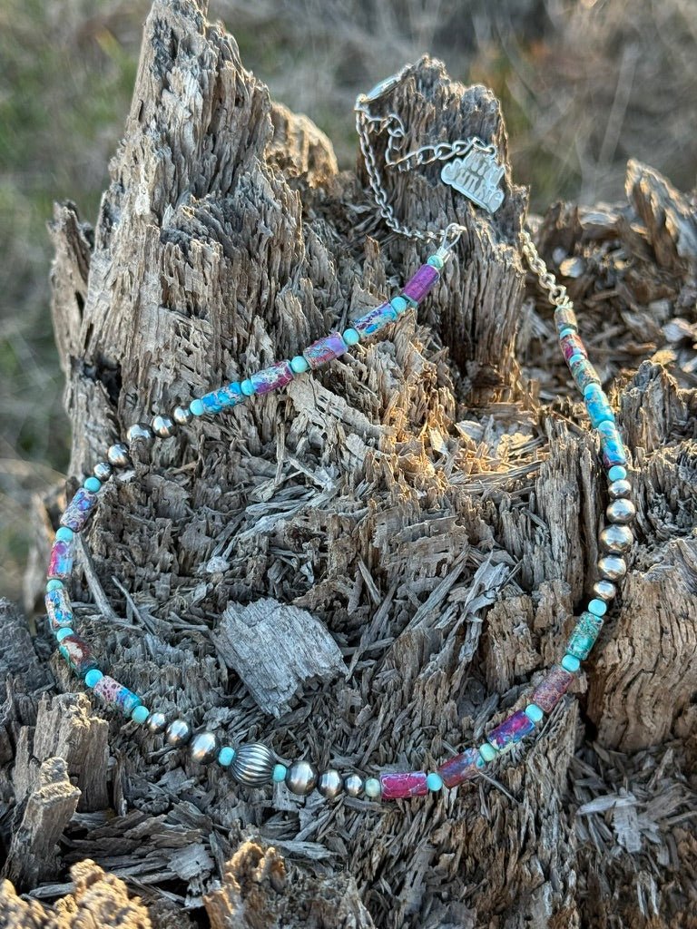 Corrugated Silver Pearl and Jasper Barrel Bead Necklace