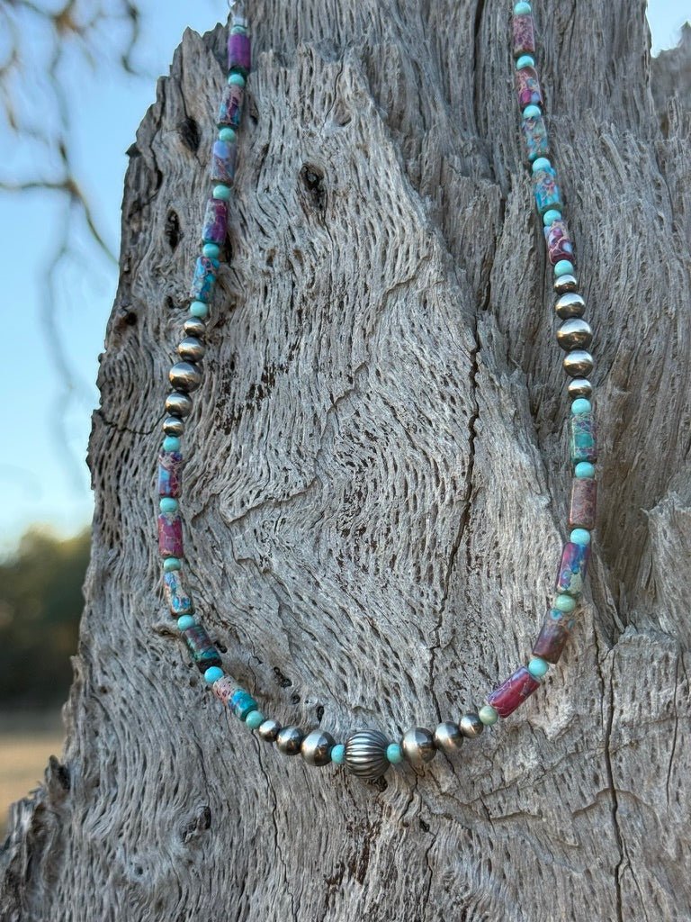 Corrugated Silver Pearl and Jasper Barrel Bead Necklace