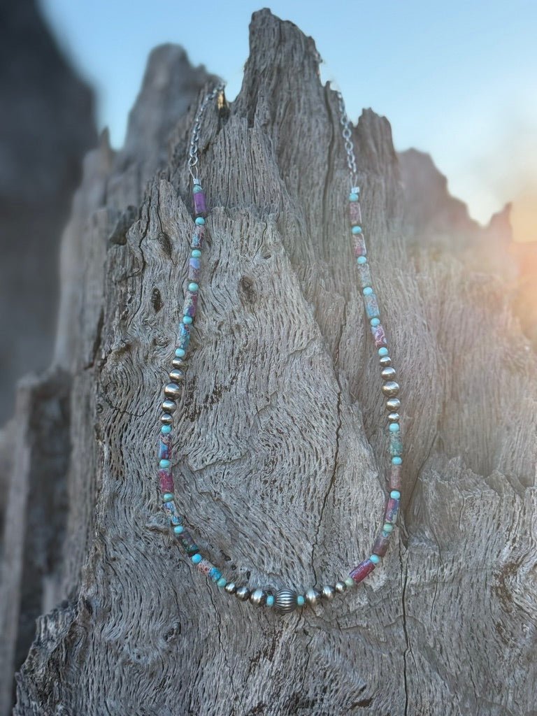 Corrugated Silver Pearl and Jasper Barrel Bead Necklace