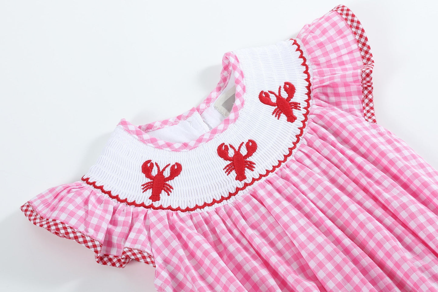 Pink Gingham Crawfish Smocked Flutter Romper