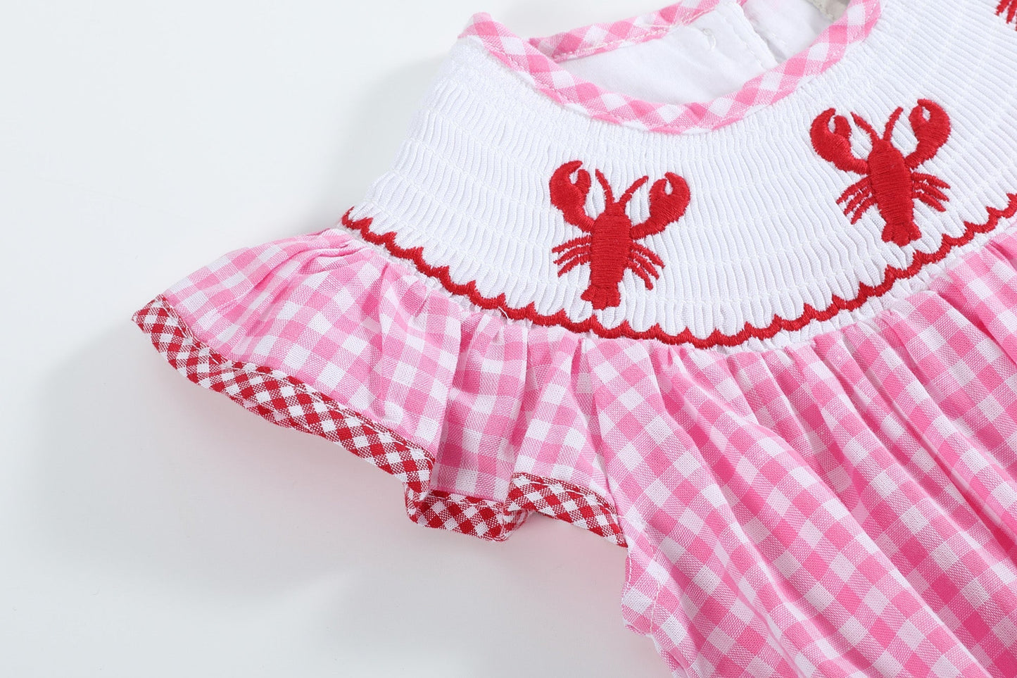 Pink Gingham Crawfish Smocked Flutter Romper